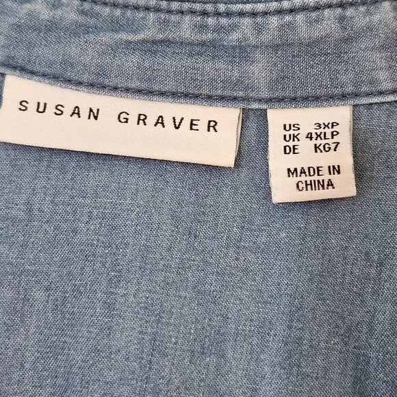 Susan Graver Denim Ombre Gradient Button-Down Shirt 3XP Blue White Long Sleeve - Picture 7 of 12